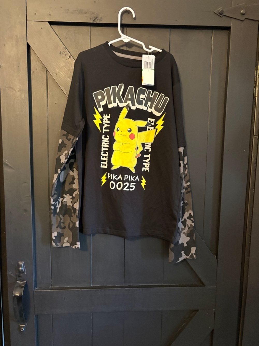 Hybrid Apparel Black Long-Sleeve Tee with Yellow Graphic and Camo Sleeves